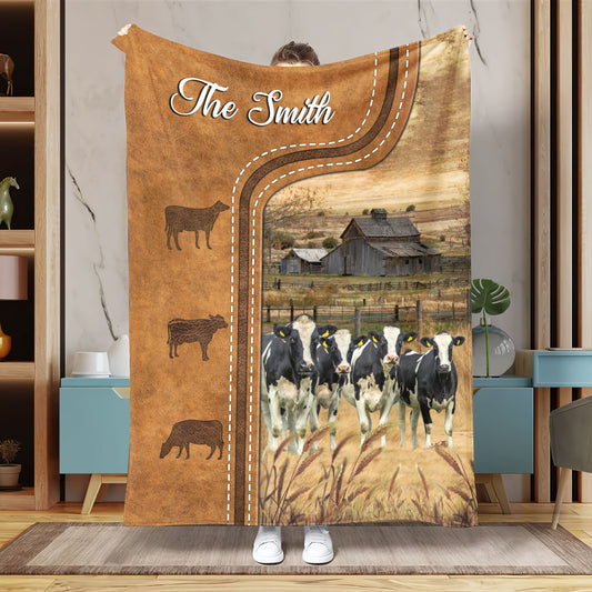 Uni Personalized Holstein Cattle In Field Farmhouse Blanket