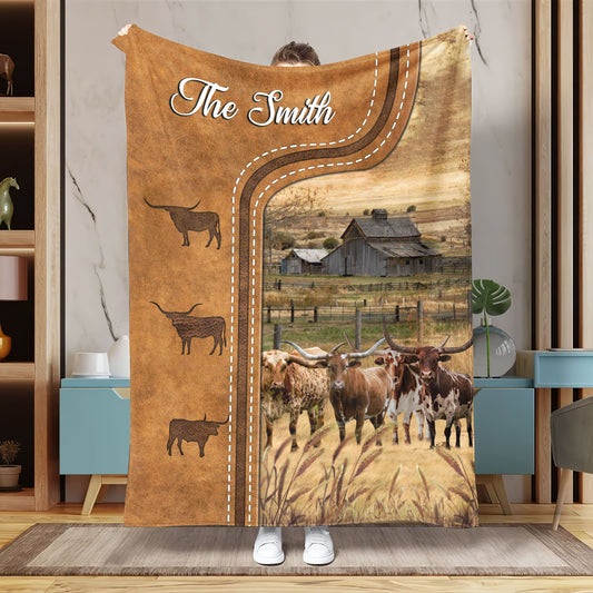 Uni Personalized Texas Longhorn Cattle In Field Farmhouse Blanket