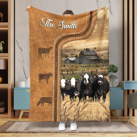 Uni Personalized Black Baldy Cattle In Field Farmhouse Blanket