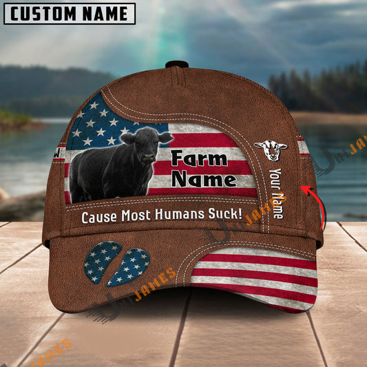 Uni Black Angus US Flag Customized Name And Farm Name Cap
