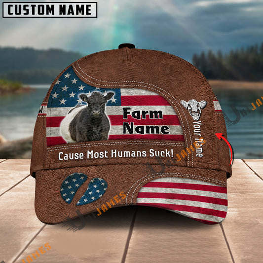 Uni Belted Galloway US Flag Customized Name And Farm Name Cap