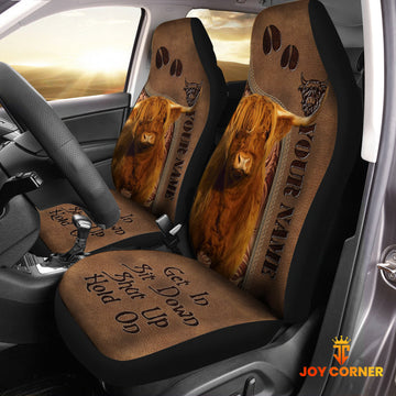 Uni Highland Cattle Leather Carving Customized Name Car Seat Cover Set