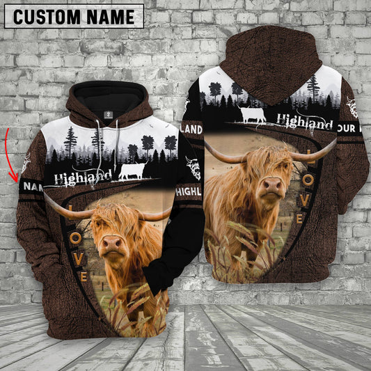 Uni Highland Cattle On Farms Custom Name Printed 3D Wooden Forest Hoodie