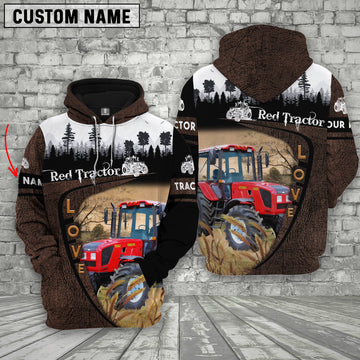 Uni Red Tractor On Farms Custom Name Printed 3D Wooden Forest Hoodie