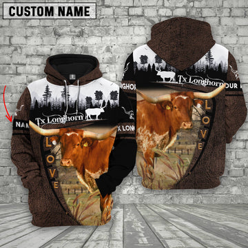 Uni Texas Longhorn On Farms Custom Name Printed 3D Wooden Forest Hoodie