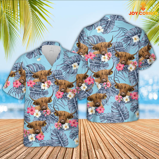 Uni Highland Cattle Sierra Blue Pattern 3D Hawaiian Shirt