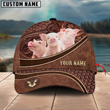 Uni Pig Personalized Name Brown Carving Leather Pattern 3D Classic Cap