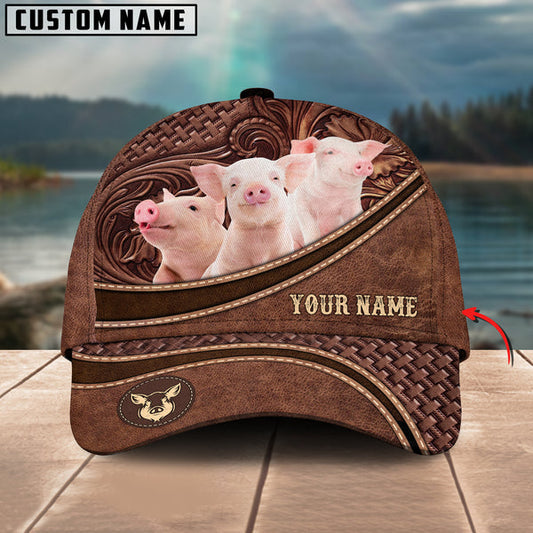 Uni Pig Personalized Name Brown Carving Leather Pattern 3D Classic Cap