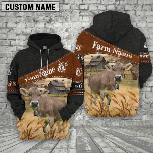 Uni Brown Swiss On Farm Custom Name Printed 3D Black Hoodie