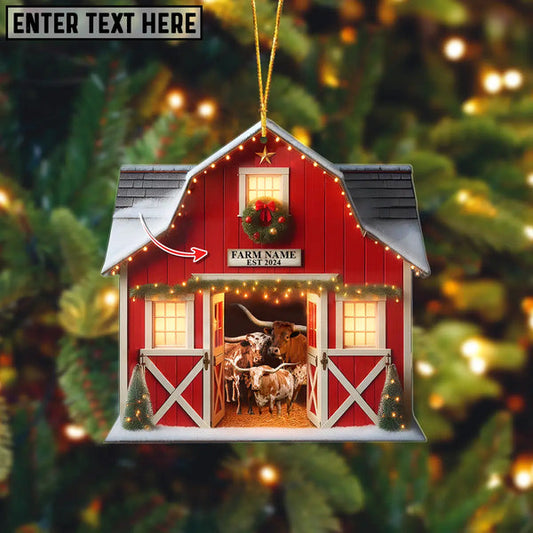 Uni Happy Farm Texas Longhorn Christmas Gift Red Barn Custom Shape Acrylic Ornament