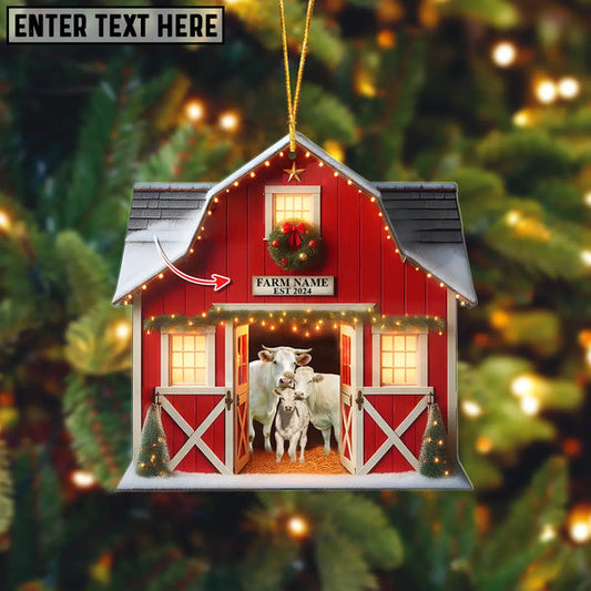 Uni Happy Farm Charolais Christmas Gift Red Barn Custom Shape Acrylic Ornament