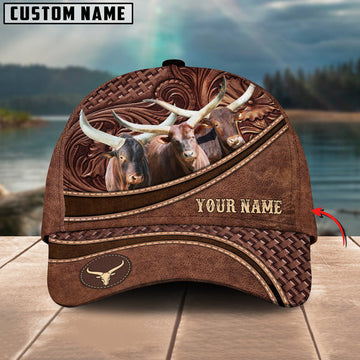 Uni Watusi Cattle Personalized Name Brown Carving Leather Pattern 3D Classic Cap