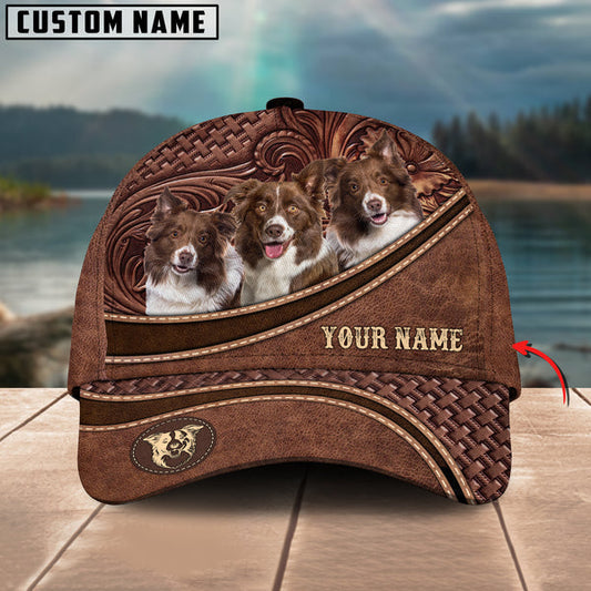 Uni Brown Border Collie Personalized Name Brown Carving Leather Pattern 3D Classic Cap