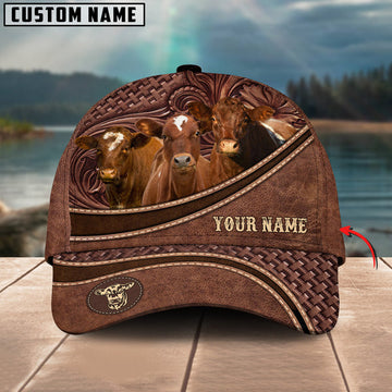 Uni Shorthorn Personalized Name Brown Carving Leather Pattern 3D Classic Cap