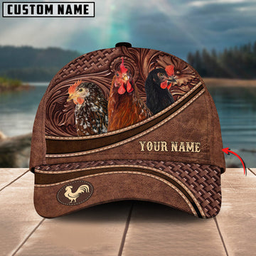 Uni Chicken Personalized Name Brown Carving Leather Pattern 3D Classic Cap