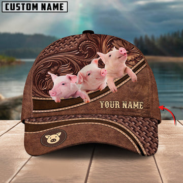 Uni Pig Personalized Name Brown Carving Leather Pattern 3D Classic Cap