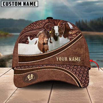 Uni Boer Goat Personalized Name Brown Carving Leather Pattern 3D Classic Cap