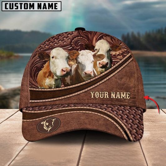 Uni Simmental Personalized Name Brown Carving Leather Pattern 3D Classic Cap