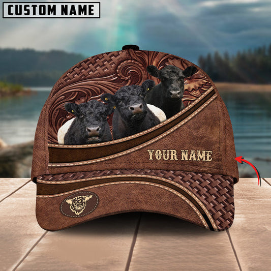 Uni Belted Galloway Personalized Name Brown Carving Leather Pattern 3D Classic Cap