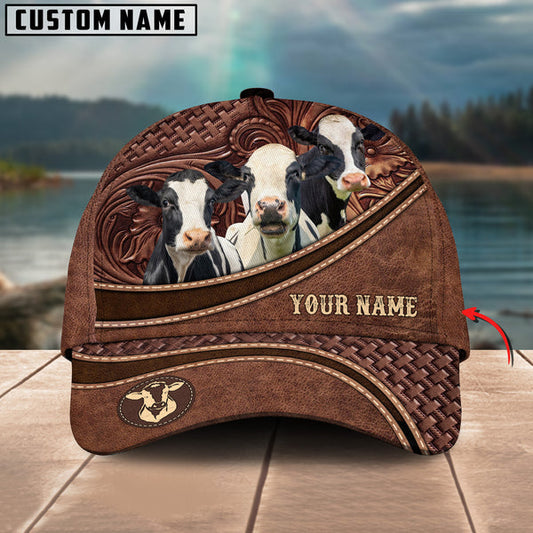 Uni Holstein Personalized Name Brown Carving Leather Pattern 3D Classic Cap