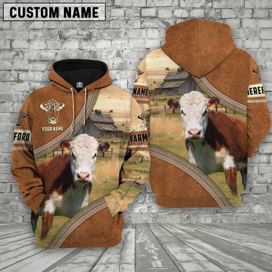 Uni Personalized Name Farm Hereford Cattle Light Brown Hoodie