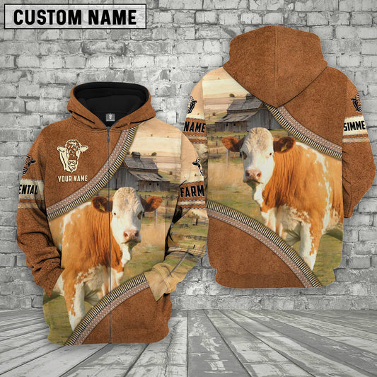 Uni Personalized Name Farm Simmental Cattle Light Brown Hoodie