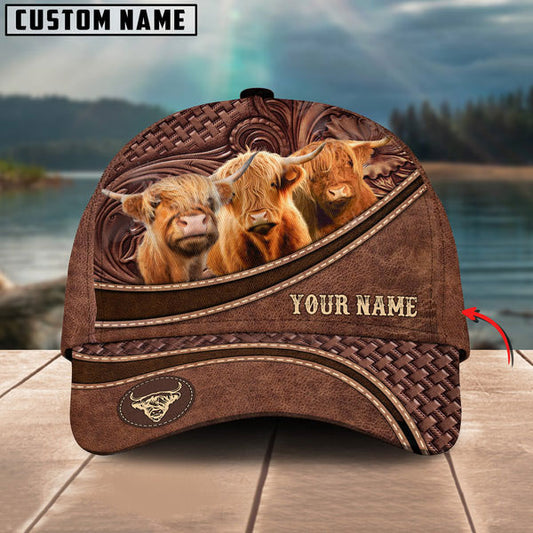 Uni Highland Personalized Name Brown Carving Leather Pattern 3D Classic Cap