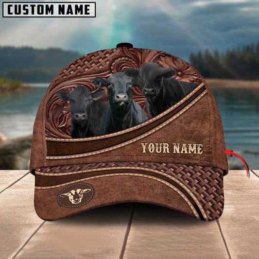 Uni Black Angus Personalized Name Brown Carving Leather Pattern 3D Classic Cap