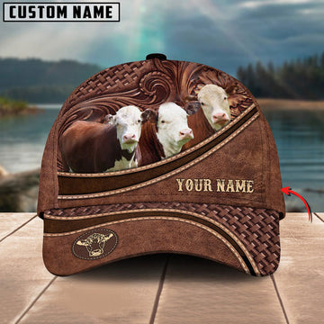 Uni Hereford Personalized Name Brown Carving Leather Pattern 3D Classic Cap