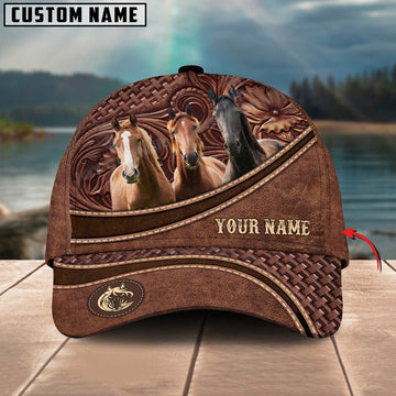 Uni Horse Personalized Name Brown Carving Leather Pattern 3D Classic Cap