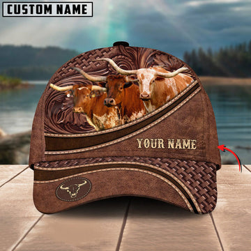 Uni Texas Longhorn Personalized Name Brown Carving Leather Pattern 3D Classic Cap