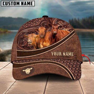 Uni Red Angus Personalized Name Brown Carving Leather Pattern 3D Classic Cap