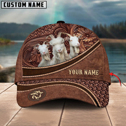 Uni Goat Personalized Name Brown Carving Leather Pattern 3D Classic Cap