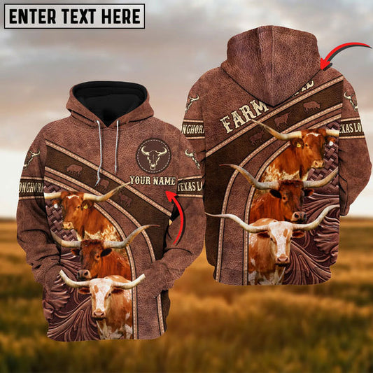 Uni Texas Longhorn Personalized Name Brown Carving Leather Pattern 3D Hoodie