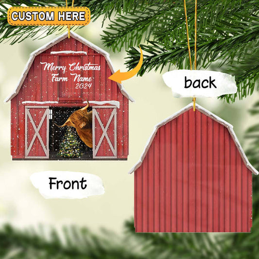 Uni Highland Lovers Merry Christmas Custom Farm Name Gift Red Barn Custom Shape Acrylic Ornament