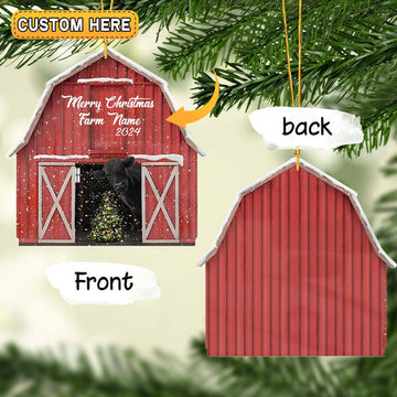 Uni Black Angus Lovers Merry Christmas Custom Farm Name Gift Red Barn Custom Shape Acrylic Ornament