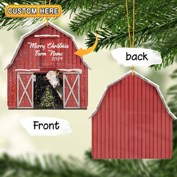 Uni Hereford Lovers Merry Christmas Custom Farm Name Gift Red Barn Custom Shape Acrylic Ornament