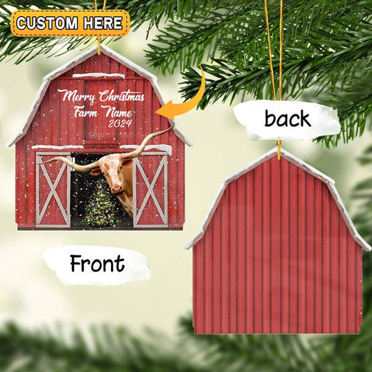 Uni Texas Longhorn Lovers Merry Christmas Custom Farm Name Gift Red Barn Custom Shape Acrylic Ornament