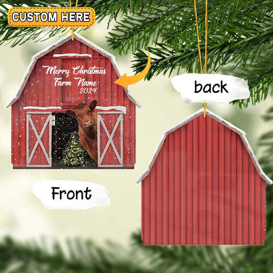 Uni Red Angus Lovers Merry Christmas Custom Farm Name Gift Red Barn Custom Shape Acrylic Ornament