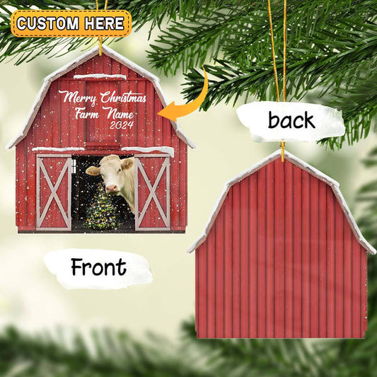 Uni Charolais Lovers Merry Christmas Custom Farm Name Gift Red Barn Custom Shape Acrylic Ornament