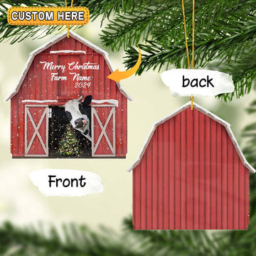 Uni Holstein Lovers Merry Christmas Custom Farm Name Gift Red Barn Custom Shape Acrylic Ornament