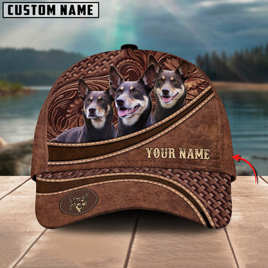 Uni Kelpies Dog Personalized Name Brown Carving Leather Pattern 3D Classic Cap