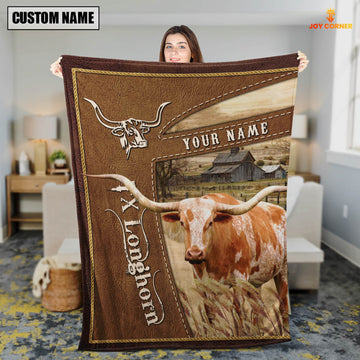 Uni Personalized Name Texas Longhorn Farm Leather Brown Blanket