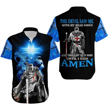 UniJames The Devil Saw Me With My Head Down Knight Jesus Lion King Hawaiian Shirts - Christian Hawaiian Shirts For Men & Women