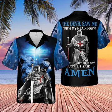 UniJames The Devil Saw Me with My Head Down Knight Jesus Lion King Hawaiian Shirts - Christian Hawaiian Shirt for Men Women