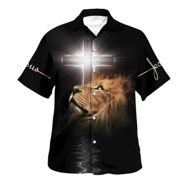 UniJames The Light Shines In The Darkness Lion Cross Hawaiian Shirts For Men - Christian Hawaiian Shirt - Hawaiian Summer Shirts