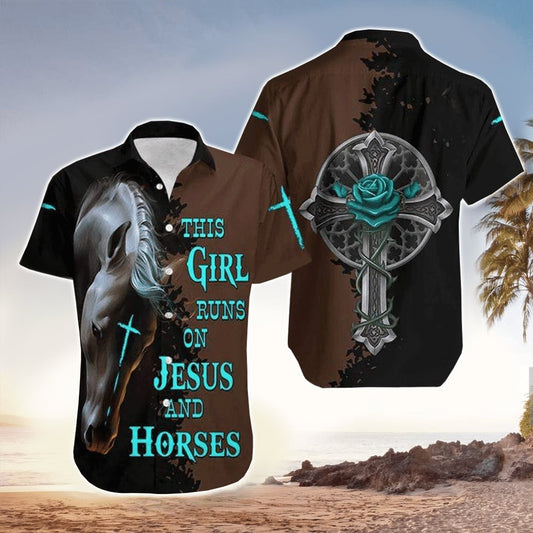 UniJames This Girl Runs On Jesus And Horse Black Brown Hawaiian Shirt - Christian Hawaiian Shirts For Men & Women