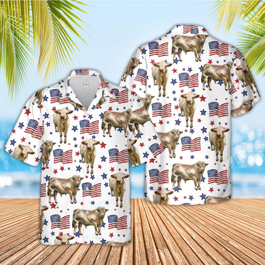 Unique Charolais American Flag Pattern Hawaiian Shirt