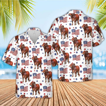 Unique Red Brahman American Flag Pattern Hawaiian Shirt