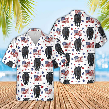 Unique Black Angus American Flag Pattern Hawaiian Shirt